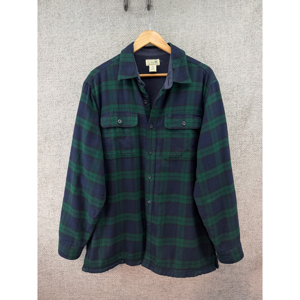 L.L. Bean Flannel Shirt Mens‎ L Blue Green Excellent Fleece Lined Plaid